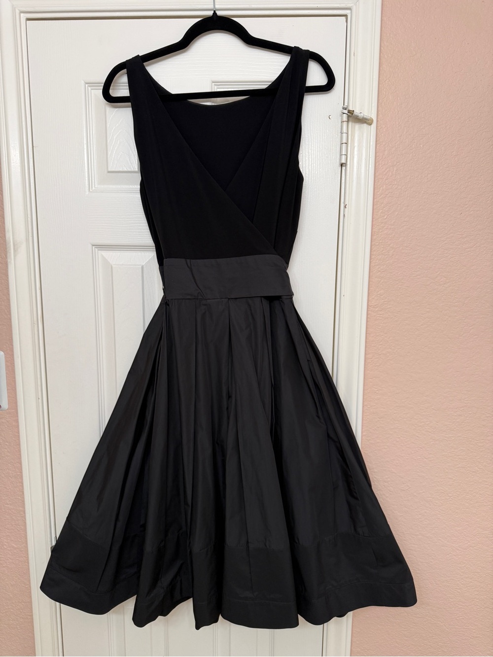 Lauren Ralph Lauren Womens 16 Black Jersey & Taffeta Pleated Belted Midi Dress - Picture 2 of 7